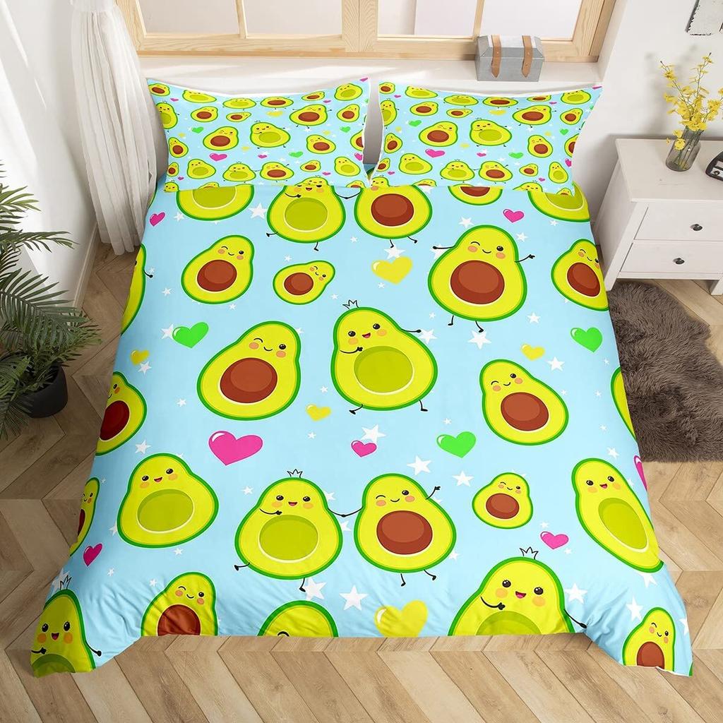 Fruit Duvet Cover Set, Cute Cartoon Avocado Decor 3 Piece Bedding Set with 2 Pillow Shams, Queen King Full Size, Paprika Green