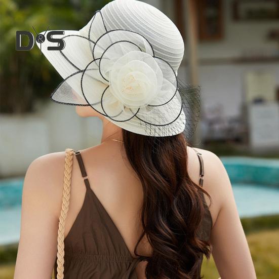 Chapeau de soleil Kentucky en organza pour femme, chapeau à large bord avec fleurs, idéal pour l'église, la plage, le Derby, pour un goûter ou un mariage