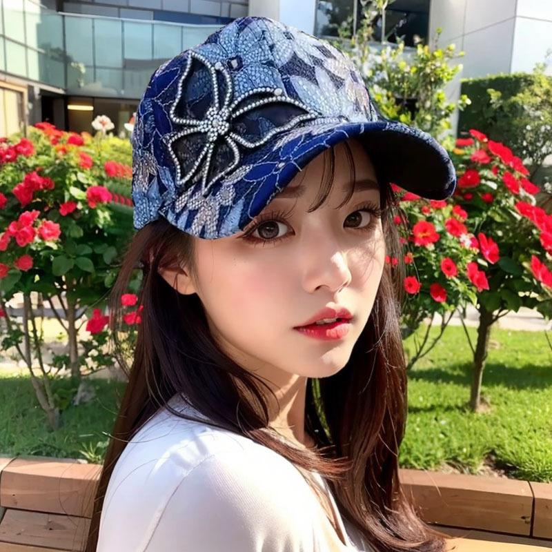 Summer lace rhinestone bow baseball hat women's new mesh breathable sunscreen shade cap