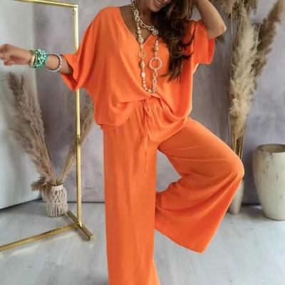 Women's V-Neck Bat Sleeve Casual Loose Wide Leg Pants Set