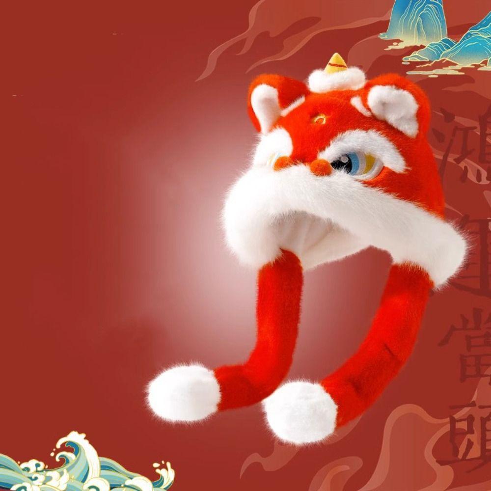 Thickened New Year Red Cap Ears Can Move Plush Beanies Fashion Lion Dance Hat  Outdoor