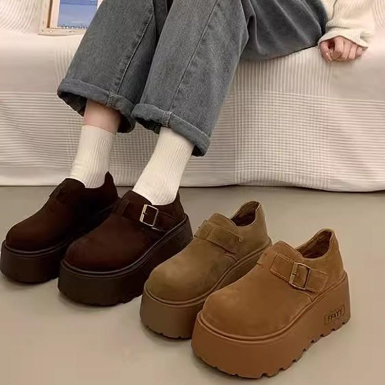 Height increasing thick soled Boken shoes for women 2026 new style big head versatile loafers with plush single shoes