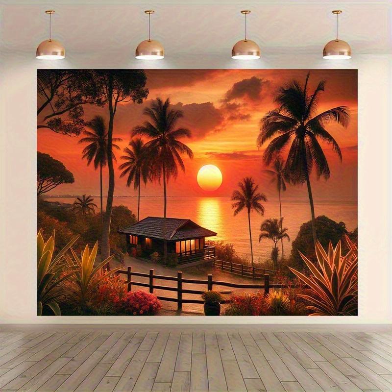 Sunset Beach Scene Tapestry | Polyester Wall Hanging with Palm Trees and Pavilions | Home  Office 150X100