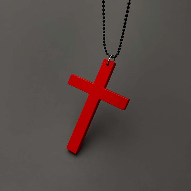 Punk Wood Cross Pendant Necklace for Women Men Vintage Hip Hop Red Big Cross Beaded Sweater Chain Necklace Y2K Halloween Jewelry