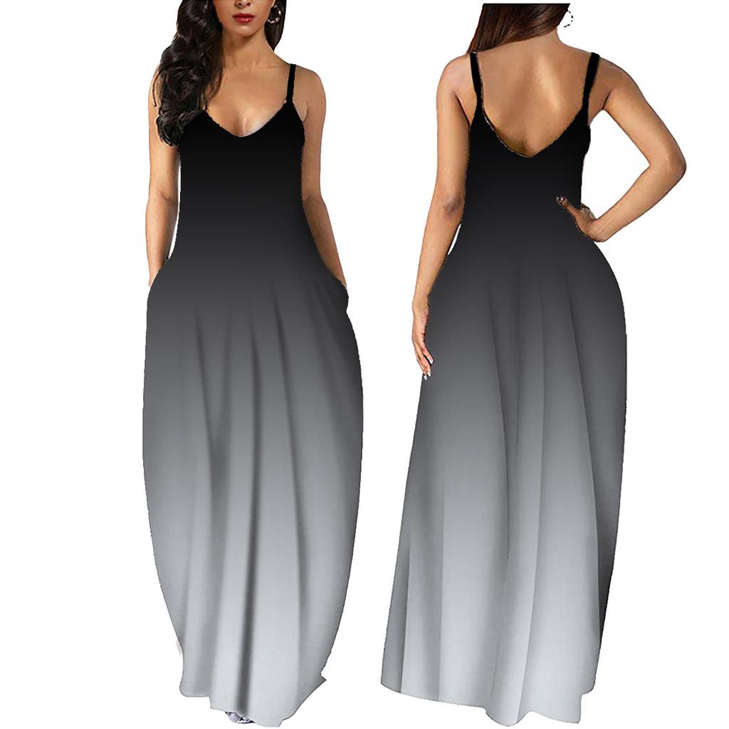 Women Gradient Sleeveless V Neck Maxi Dress Casual Sundress Beach Long Dres