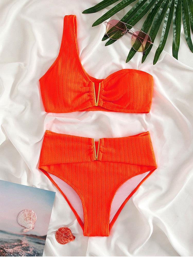 European-American Style 2025 One-Shoulder Solid Color Bikini Swimsuit for Women