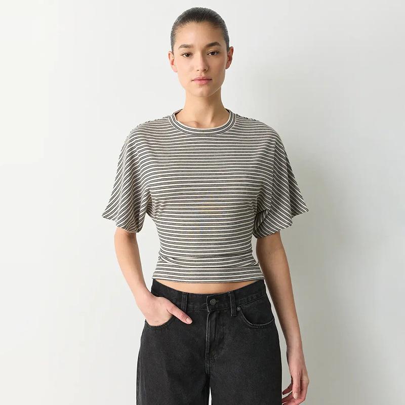 Q25TP400 Women's Slim-Fit Autumn Striped Round Neck Short Sleeve Top