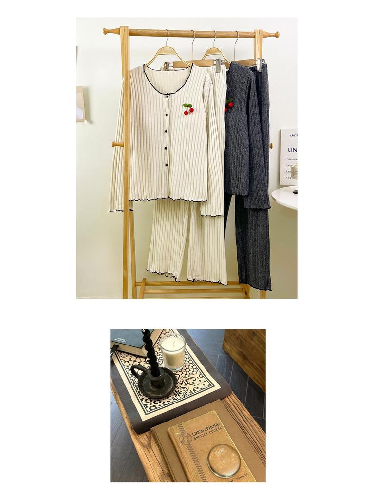 Cherry Cardigan Pajama Set: Women's Drawstring Fleece with Chest Pad - Korean-Style, Long Sleeve, Two-Piece Homewear.