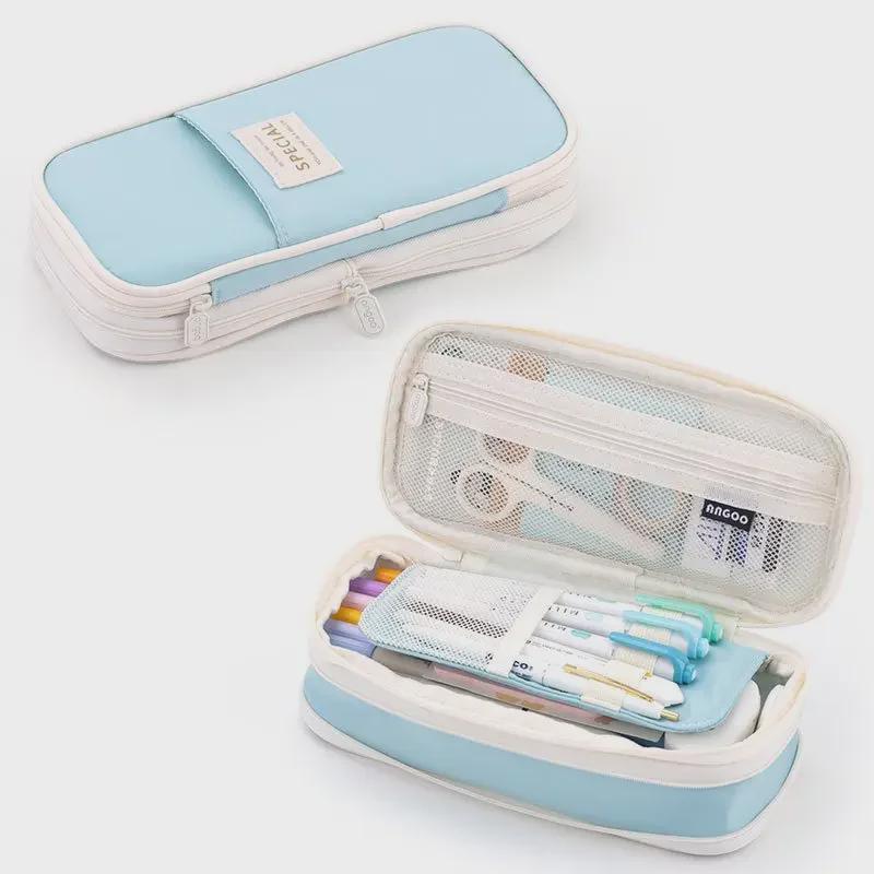 Double-Layer Macaron Composite Cloth Pencil Case with Large Capacity - Japanese & Korean Style, Multifunctional for Students