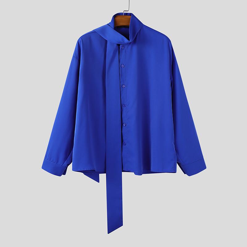 

INCERUN Oversized Men Tie Up Long Sleeve Solid Color Casual Loose Shirts 3XL синий