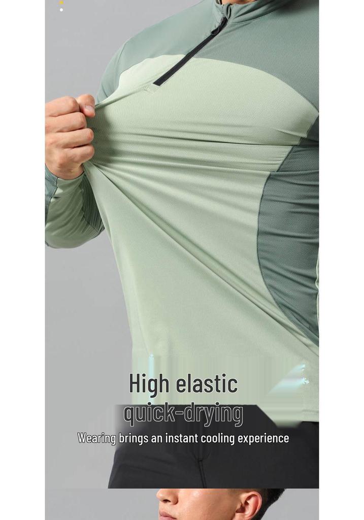 Men's Quick-Dry Long Sleeve Running T-Shirt with Stand Collar and Half Zip, Solid Color Fitness Training Top