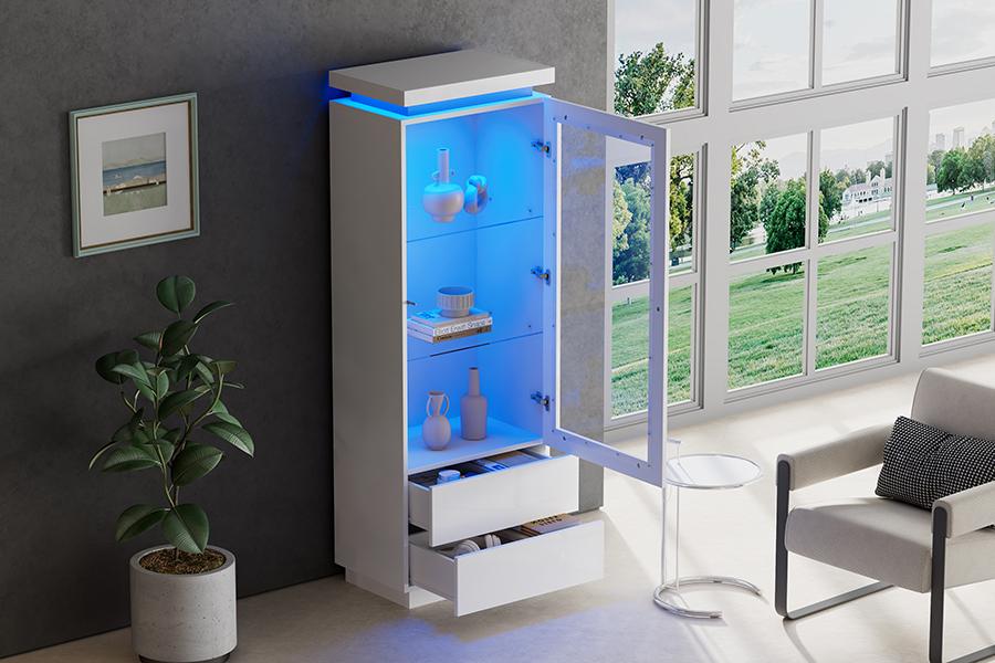Vetrina 60*40*171cm, Armadio Alto con 2 Cassetti, Vetrina in Vetro ad Alta Lucentezza con LED, Soggiorno con Ante in Vetro e Ante a Ribalta, Bianco