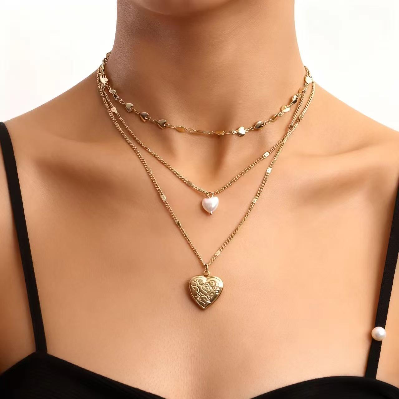 Европейский и американский многослойный медальон-колье с сердцем и жемчугом