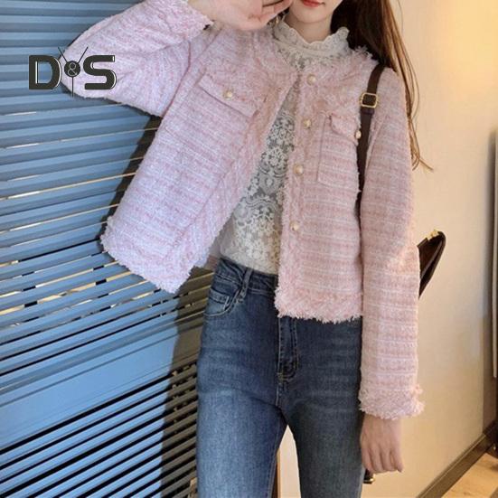 ז'קט נשים בסגנון סלבריטאי סוג קצר צווארון עגול שרוולים ארוכים קרדיגן עם חזה יחיד מעיל קרוע בגדי עליונים לסתיו חורף