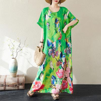 DIMANAF 2025 Summer Women Plus Size Long Dress Beach Basic Casual Dress Loose Vintage Floral Printing Dress