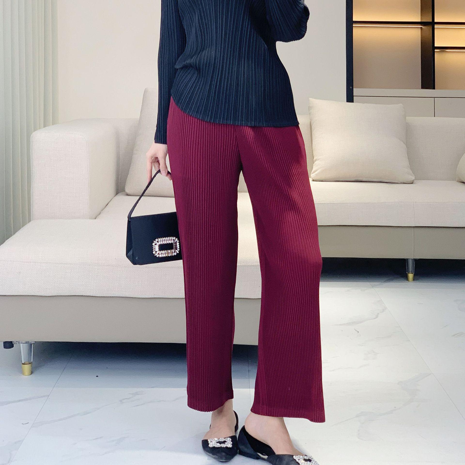 

Однотонные повседневные брюки прямого кроя с высокой посадкой для женщин - Большие размеры, Для высоких, Весенне-осенние стили One Size [45-75 kg] вино красного