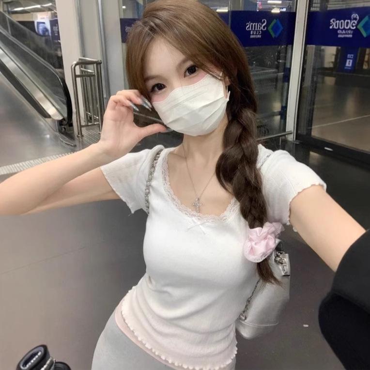 White Lace Slimming Women's Summer Short Sleeve Top