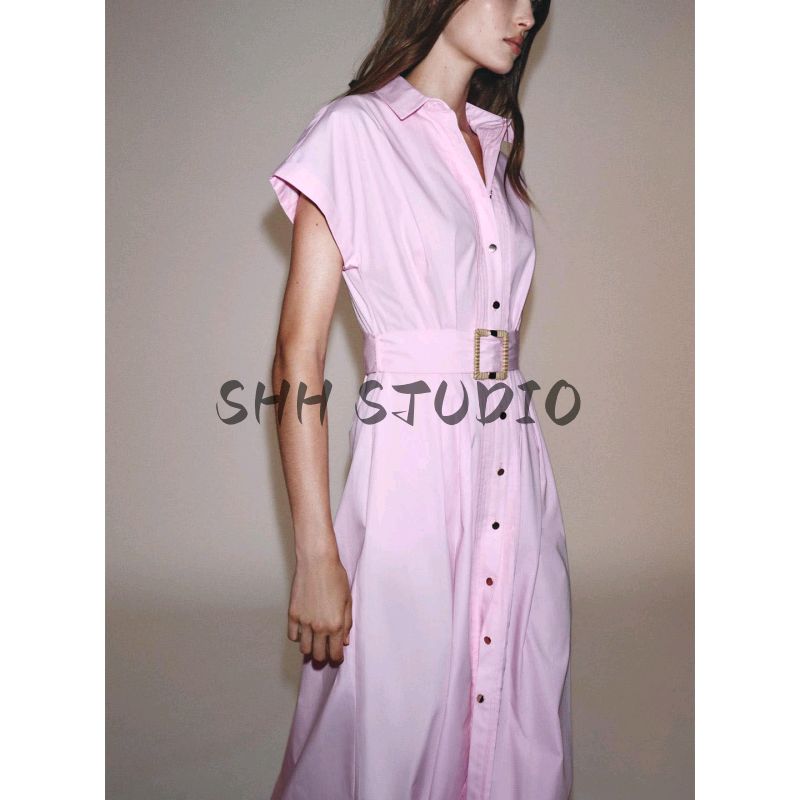 Autumn New Women's Clothing Frill Decorative Lapel Short Sleeve with Belt Poplin Midi Skirt Dress 8441255