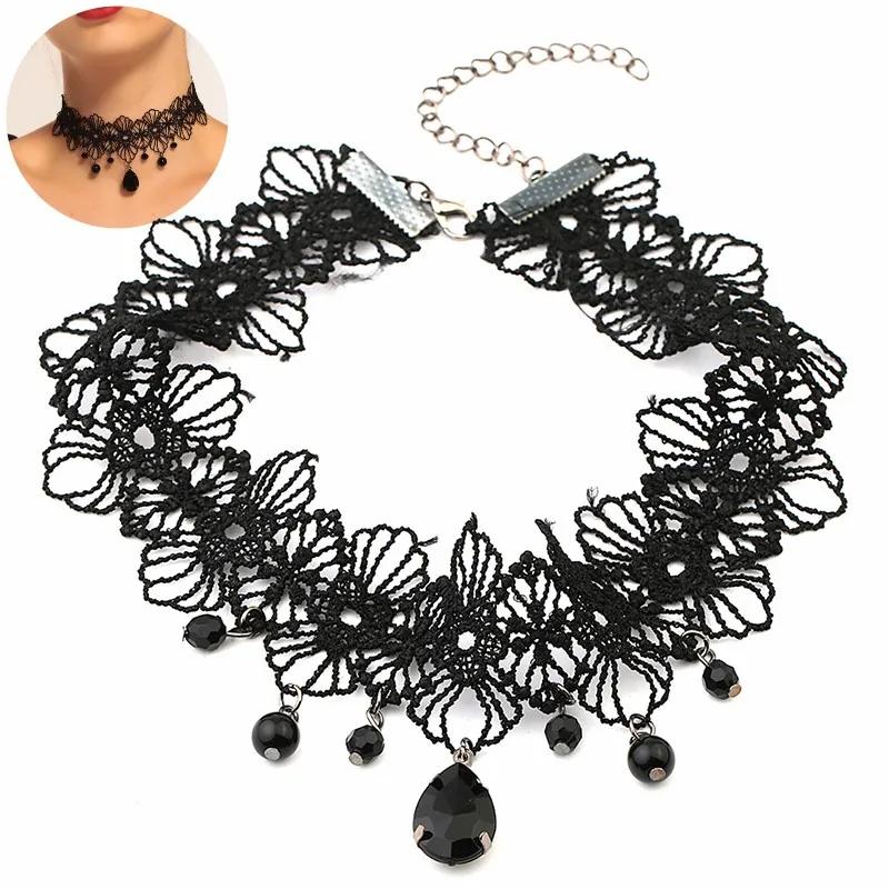 Collares Sexy Gothic Chokers Crystal Gear Chain Black Lace Neck Choker Necklace Vintage  Women Chocker Steampunk Jewelry