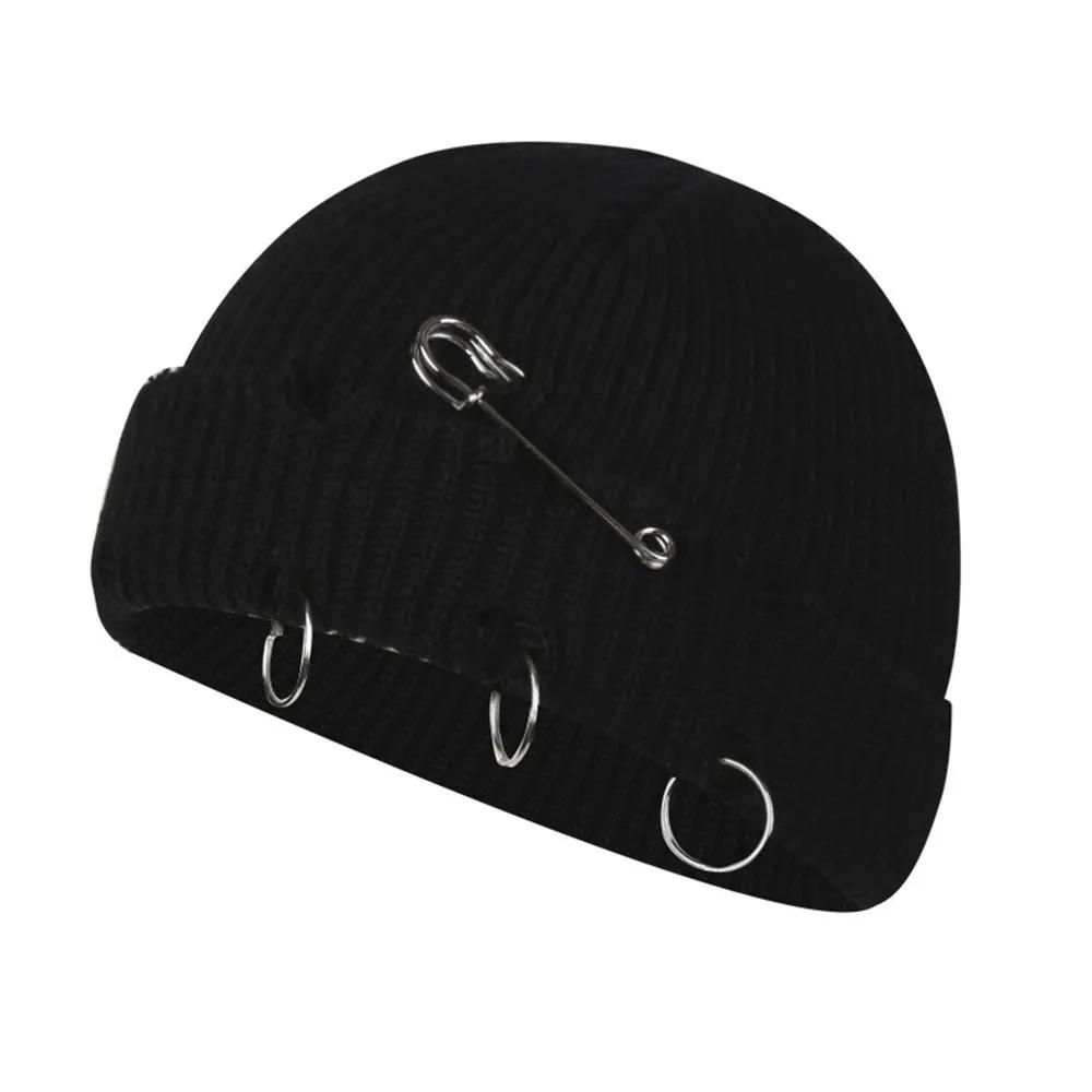 

New Korean Version All-match Hip Hop Hat Basic Style Perforated Pin Gold Hats Knitted Wool Curling Hat for Men & Women