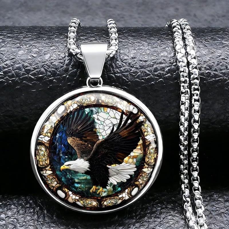 Men's Stained Glass Style Spread-winged Bald Eagle Trendy Men's Jewelry Fashion Necklace Pendant