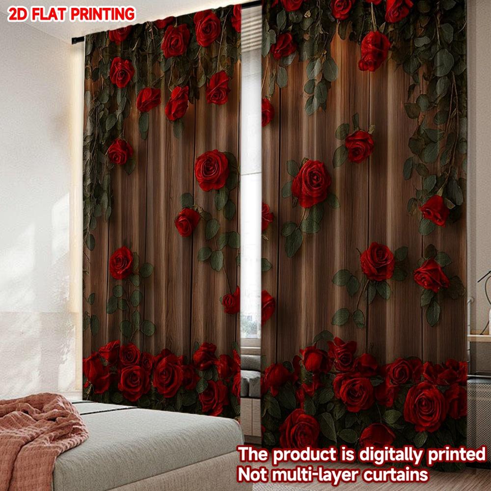 Set Of 2 Flat Printing Happy Valentine Day Drapes Theme Roses Digital Printed Polyester Festive Wall Curtains Made