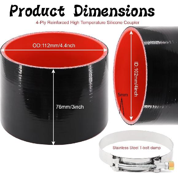 ID 4 Inch(102Mm) High Temperature 4-Ply Reinforced Straight Silicone Hose Performance Coupler With 2Pcs T-Bolt Clamps Suitable High Level Turbo Pipe