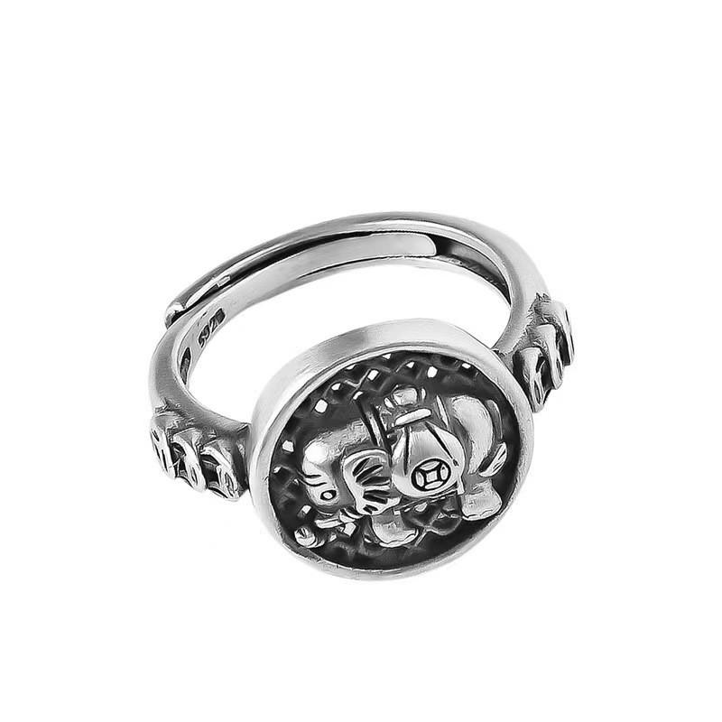 Adjustable Open Ring Women Men Vintage Elephant Coin Motif Geometric Hollow Plated Finger Adjustable Open Band