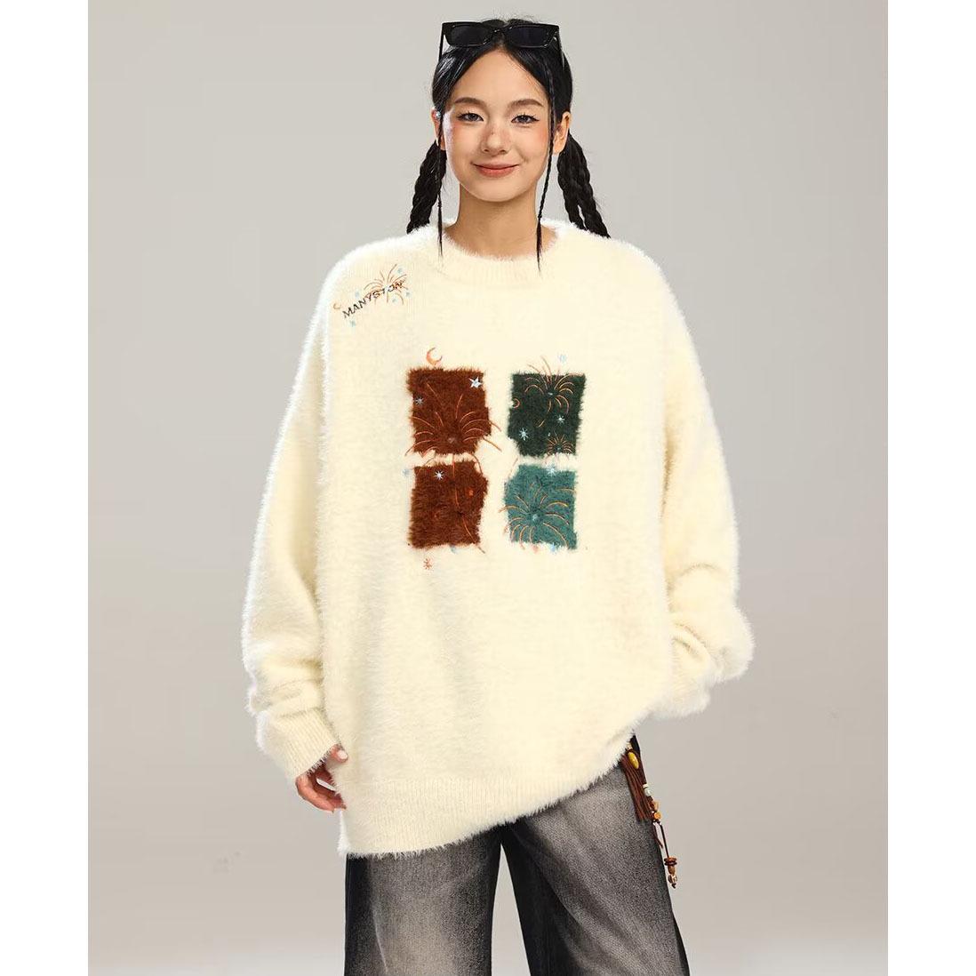 

Unisex Japanese Retro Embroidered Mink Velvet Sweater - Trendy Autumn Loose Round Neck Knitwear XL абрикосовий