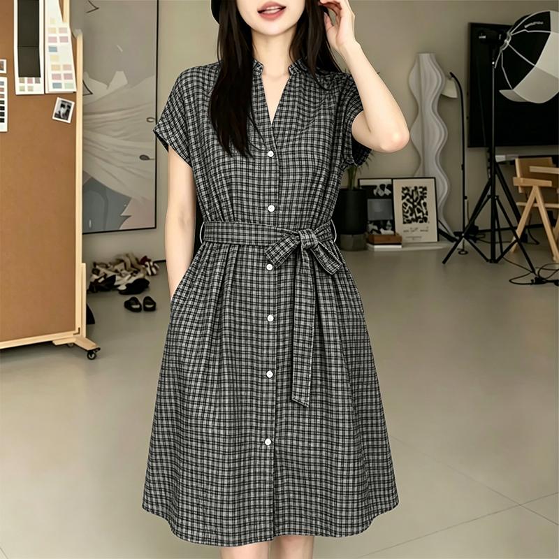 ZANZEA Women Casual V-Neck Short Sleeve Loose Grid Print Dress S