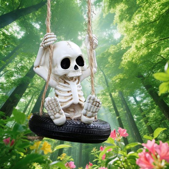 Halloween Resin Skeleton Swing Ornament Skeleton on A Tire Swinging Decoration for Car Rearview Mirror Garden Yard Tree Decor