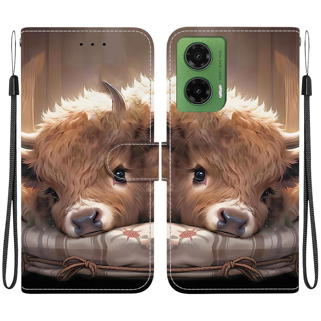 Handmade PU Leather Flip Case for Motorola Moto G35 Anti-Slip Shockproof Cover with Wrist Strap & Heart/Rose Cat Designs