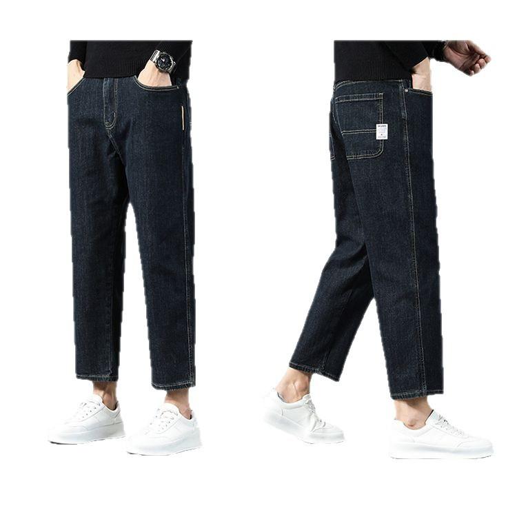 Autumn new four seasons European large size cotton soft blue gray straight eight-point jeans men's very light pants