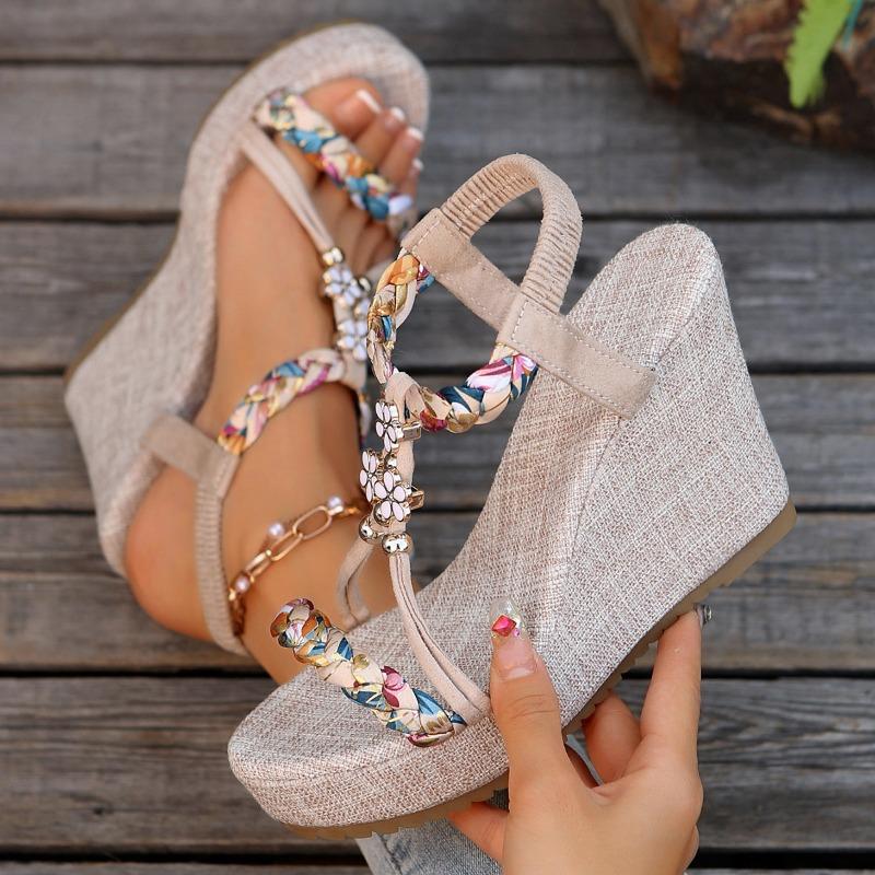Damen Übergröße Farbblock Gewebte Keilsandalen Hohl Ausgeschnitten Offene Zehen Lässige Sommer Tägliche Schuhe