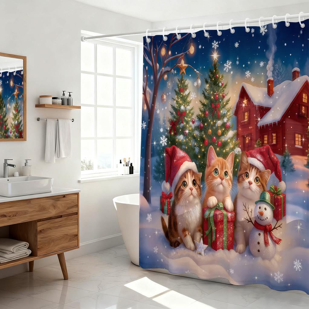 1 Stück Frohe Weihnachten Niedliches Kätzchen Gedruckt Wasserdicht Trennwand Sichtschutzvorhang mit 12 Haken Mehrere Größen