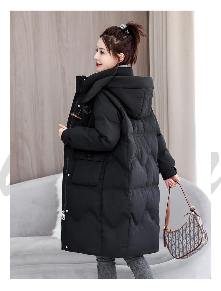 Autumn and Winter Women's Coat Horn Button Hooded Mid-length Loose Coat Thickened Warm Women's Jacket