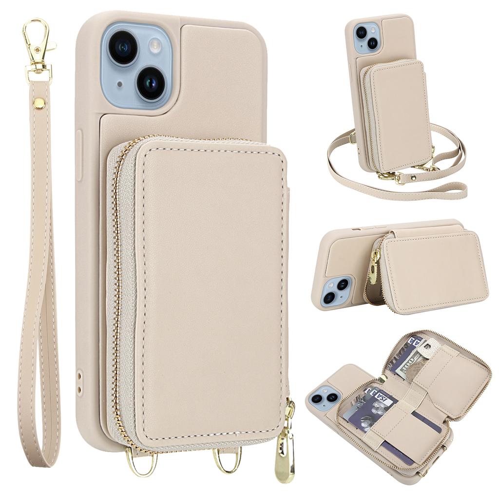 For iPhone 14/13 Case RFID Blocking Zipper Wallet Leather + TPU Phone Cover with Shoulder Strap