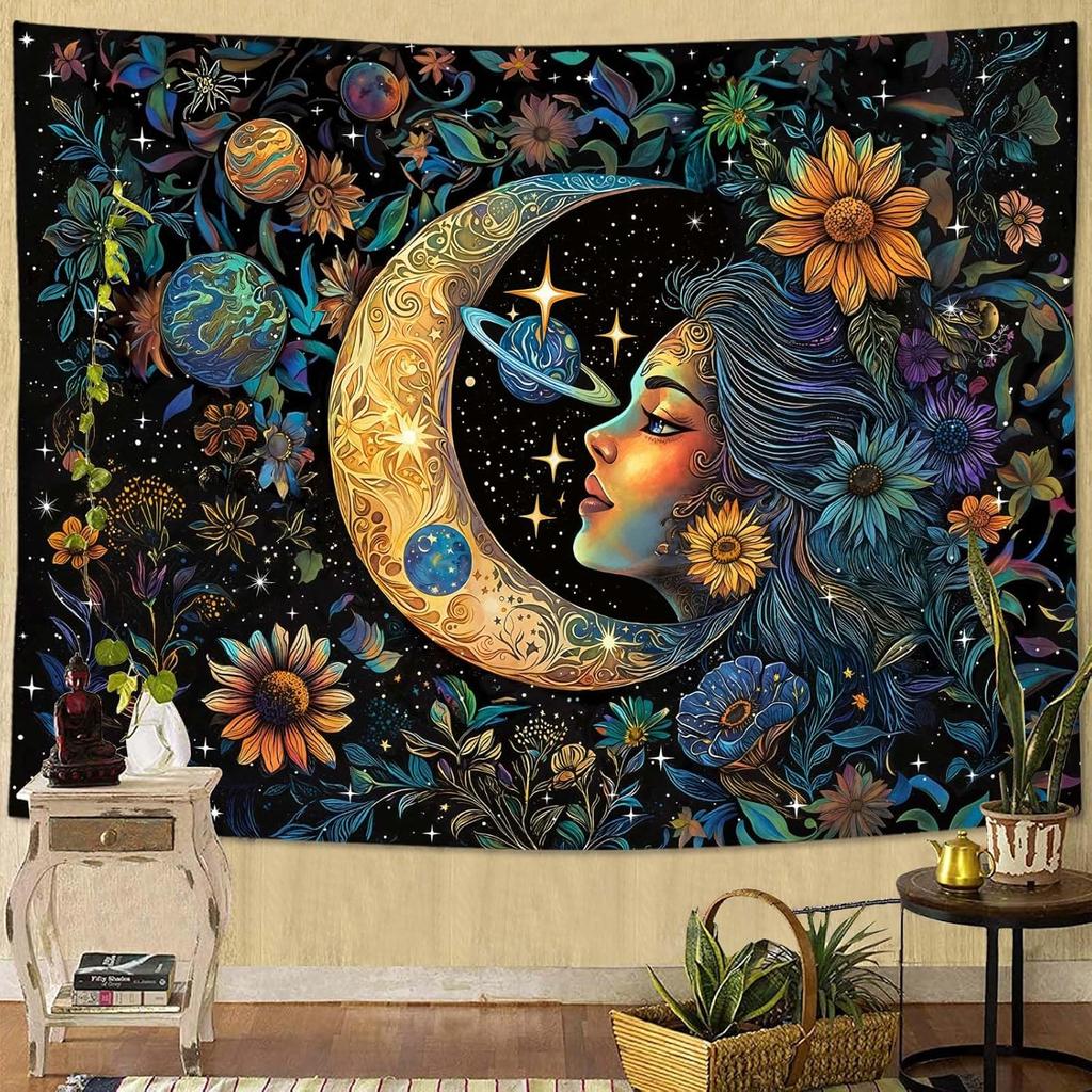 Moon Goddess Tapestry Celestial Floral Wall Hanging for Bedroom Living Room Dorm Spiritual Home Decor