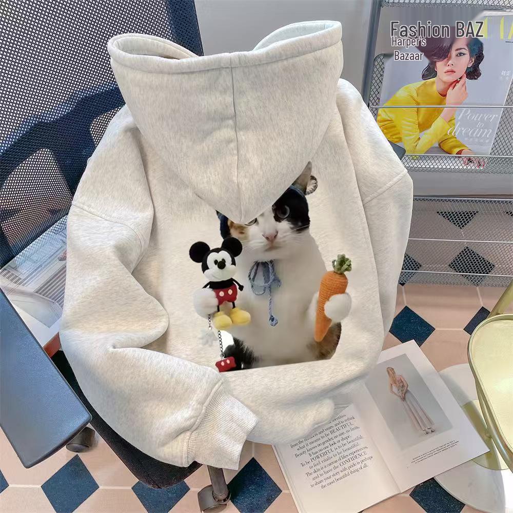 Trendy Autumn/Winter Cat Print Plush Lined Hooded Sweatshirt - Loose, Casual, Versatile Jacket