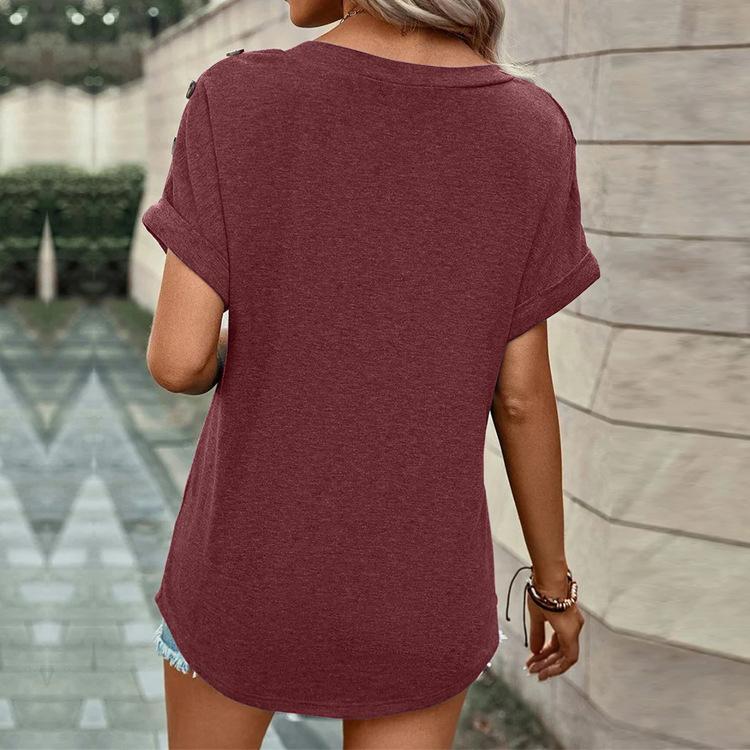 Summer Cotton Tops Women Blouses Casual V-Neck Solid Button Street Hipster Short Sleeve Shirts Clothes