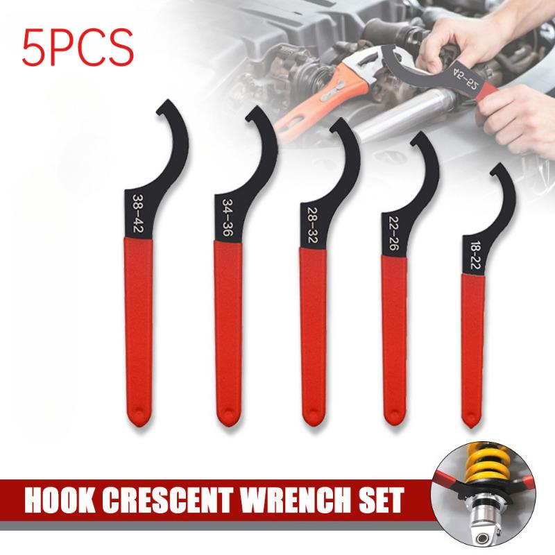 5pcs Hook Wrenches Tools Set C-Shape Spanner Anti Slip Half Moon Wrench Motorcycle Car Repair Shock Djustment Spanner Hand Tool