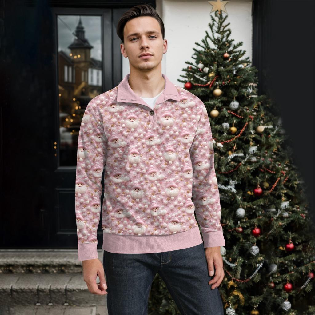 Men's Christmas Cotton Pullover Long Sleeve Outdoor Shirt Vintage Corduroy Button Stand Collar Shirt Casual Sweatshirt Christmas Print Top