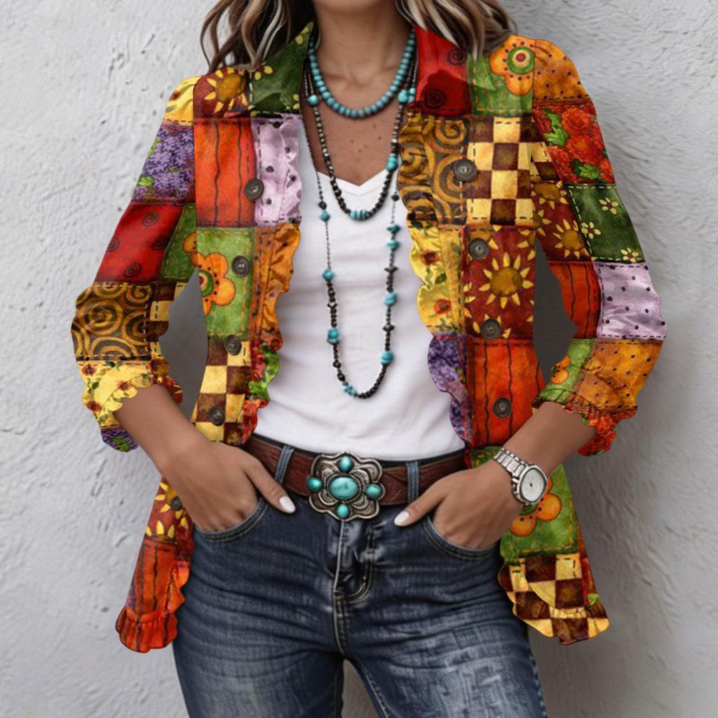 Women's Fashion Puzzle Print Long Sleeve Ruffle Button-Down Shirt Jacket for Casual Wear