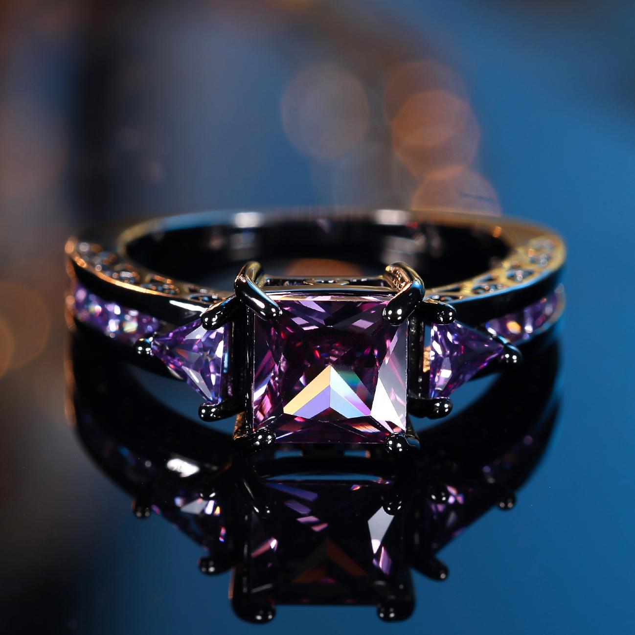 

Cute Female Purple Square Zircon Stone Ring Vintage Black Gold Color Wedding Jewelry For Women 11
