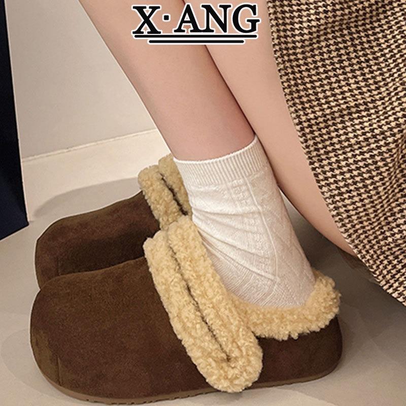 Cowhide version velvet warm cotton shoes, winter thick-soled non-slip lamb wool shoes, and cotton slippers with bags on the outside.