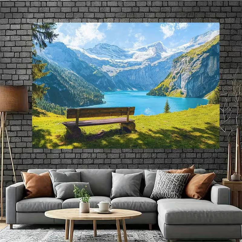 2D Flat Printing Swiss Alps Lake Tapestry, Mountain View with Bench Wall Decor