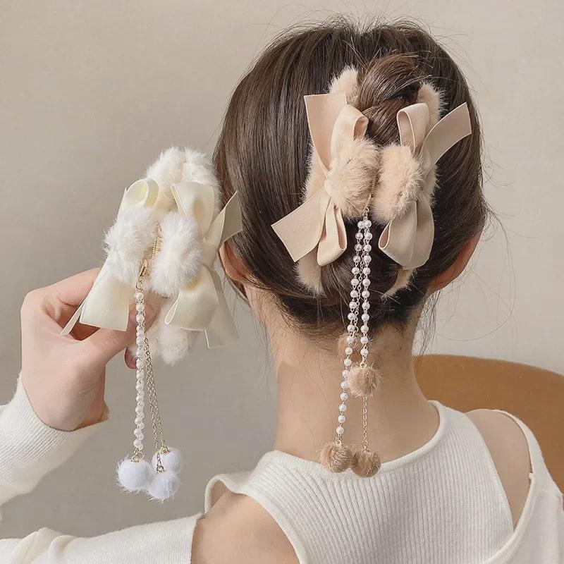 Autumn/Winter Large Pearl Tassel Bow Hair Clip with Plush Shark Design