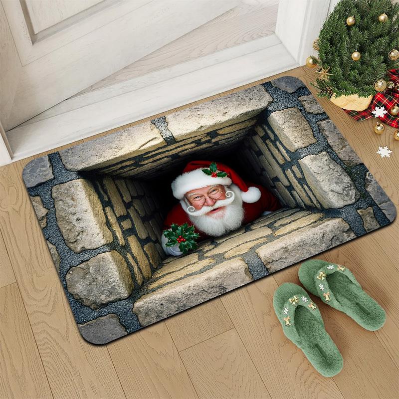 

3D Santa Peeking Doormat Funny Tunnel Illusion Rug, Non-Slip Machine Washable Cushioned Door Carpet for Holiday Decor 40x60cm