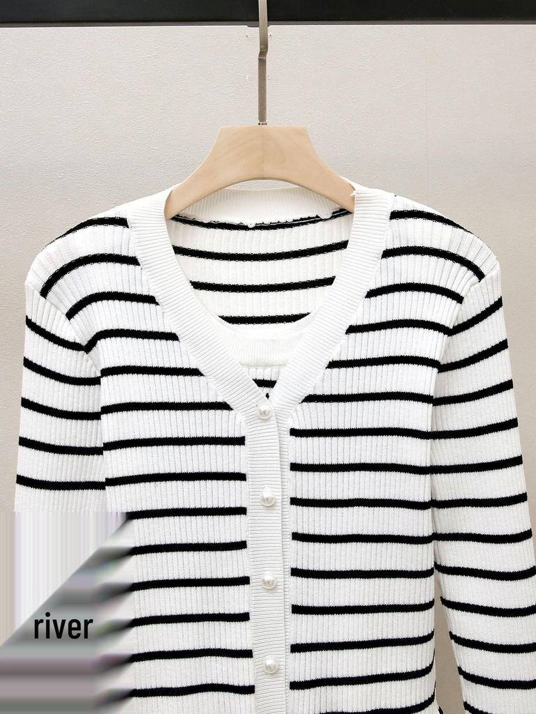 Autumn V-Neck Color Block Knitted Cardigan - French Style for Women