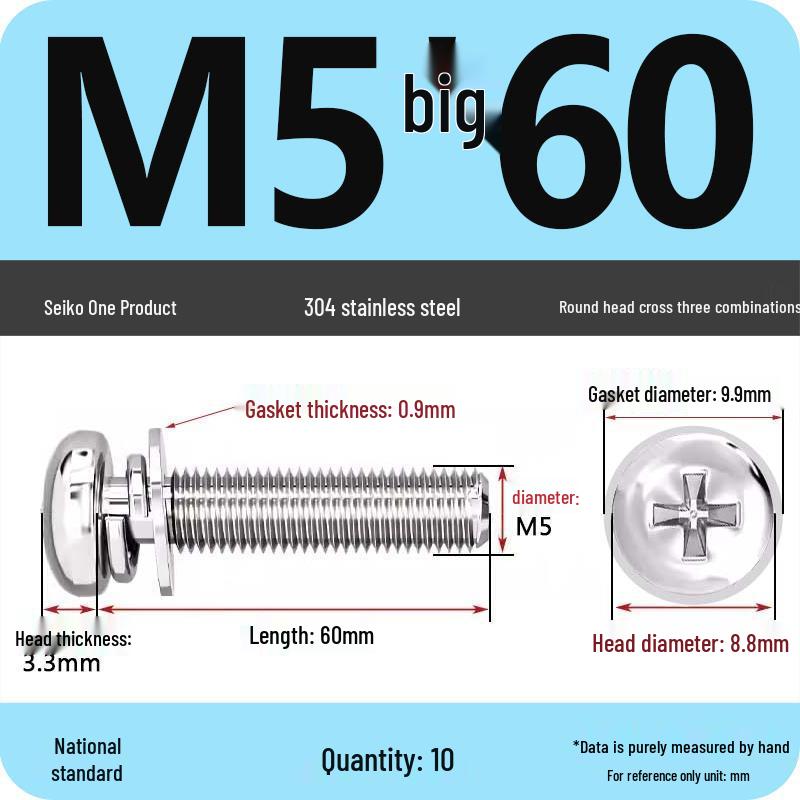 304 Stainless Steel Phillips Round Head Screw with Flat Washer M3/M4/M5/M6